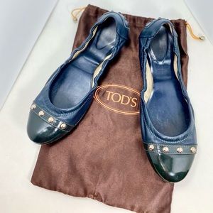 Tod’s Navy Blue Calf Patent Leather Tip Ballerina Driving Flat Size 38 Euro 🇮🇹